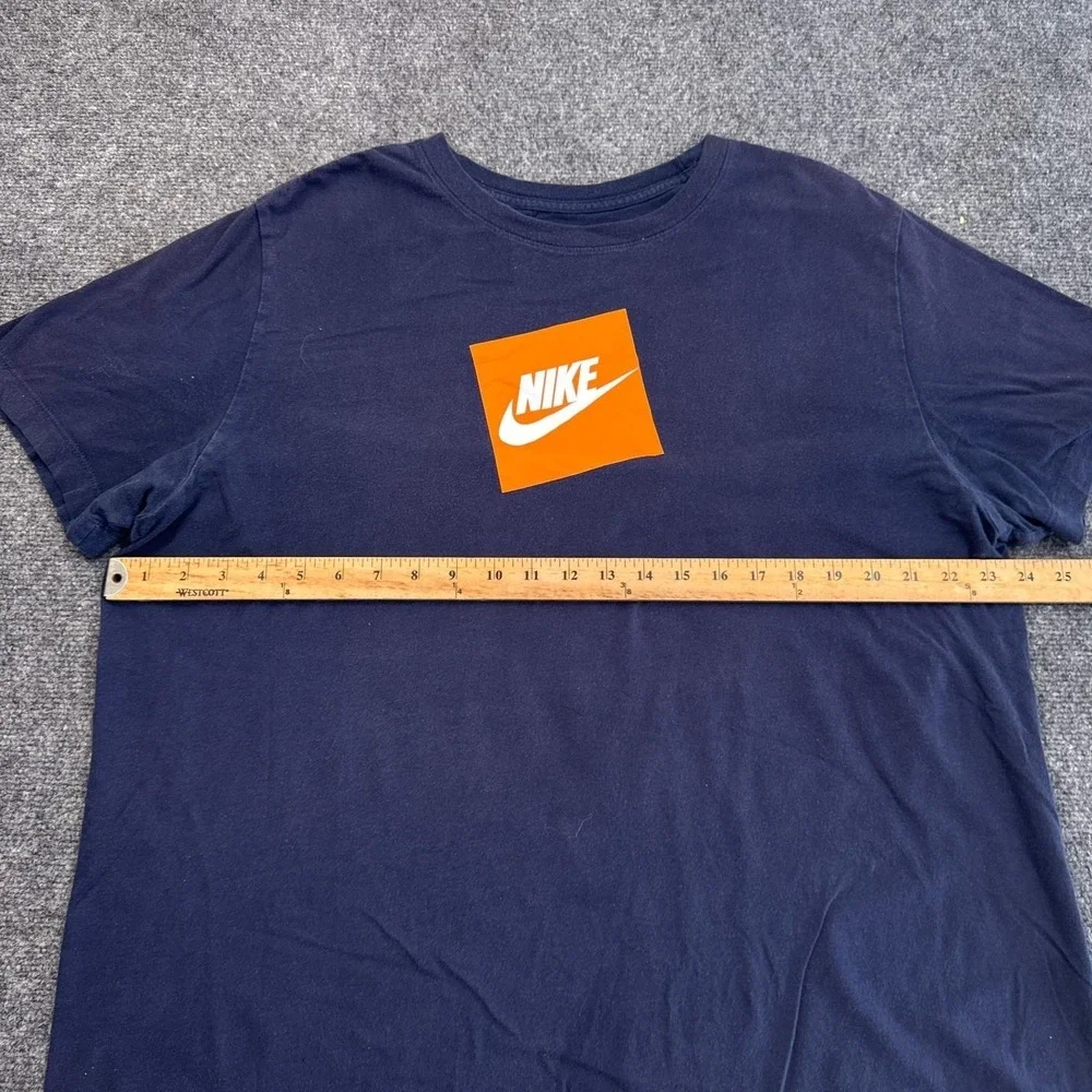 Nike Tee Shirt Mens Size XL Navy Blue‎ Orange Box Logo Crew Neck Swoosh